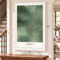 Coffey, Missouri map, 24 x 36 inch print in a white frame by a staircase