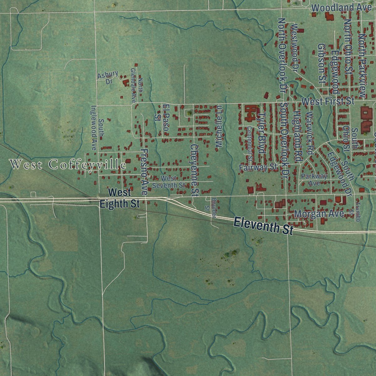 Second close-up of the map of Coffeyville, Kansas print showing more streets and buildings