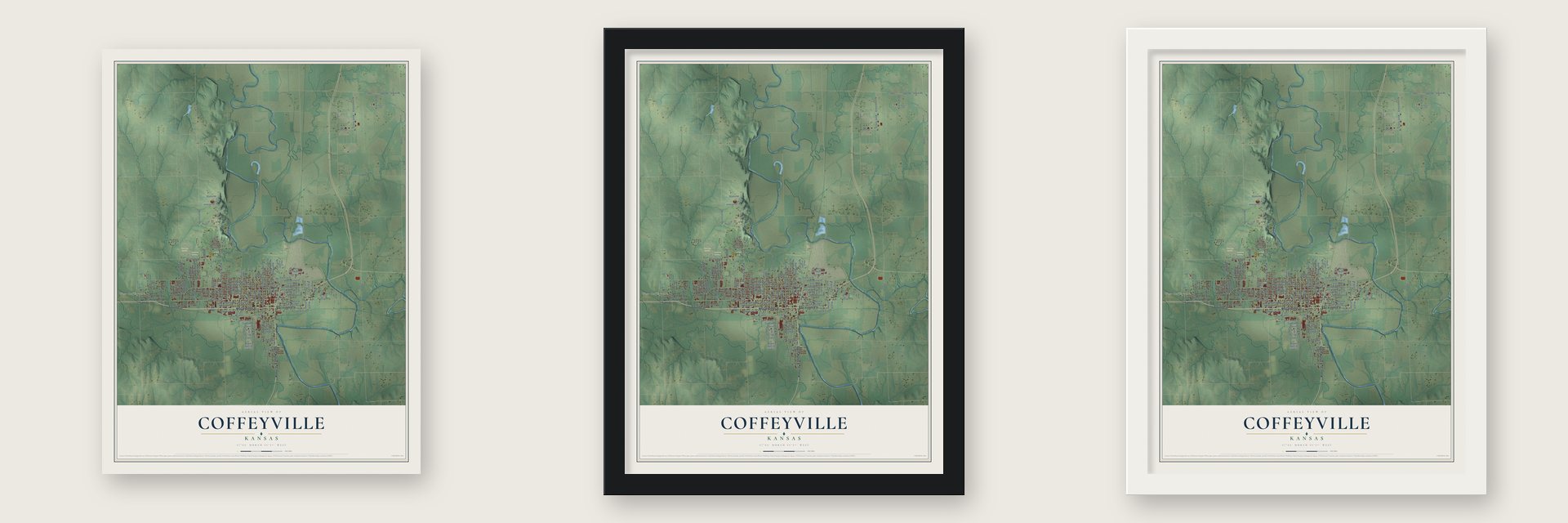 Coffeyville, Kansas map unframed, in a black wood frame and in a white wood frame