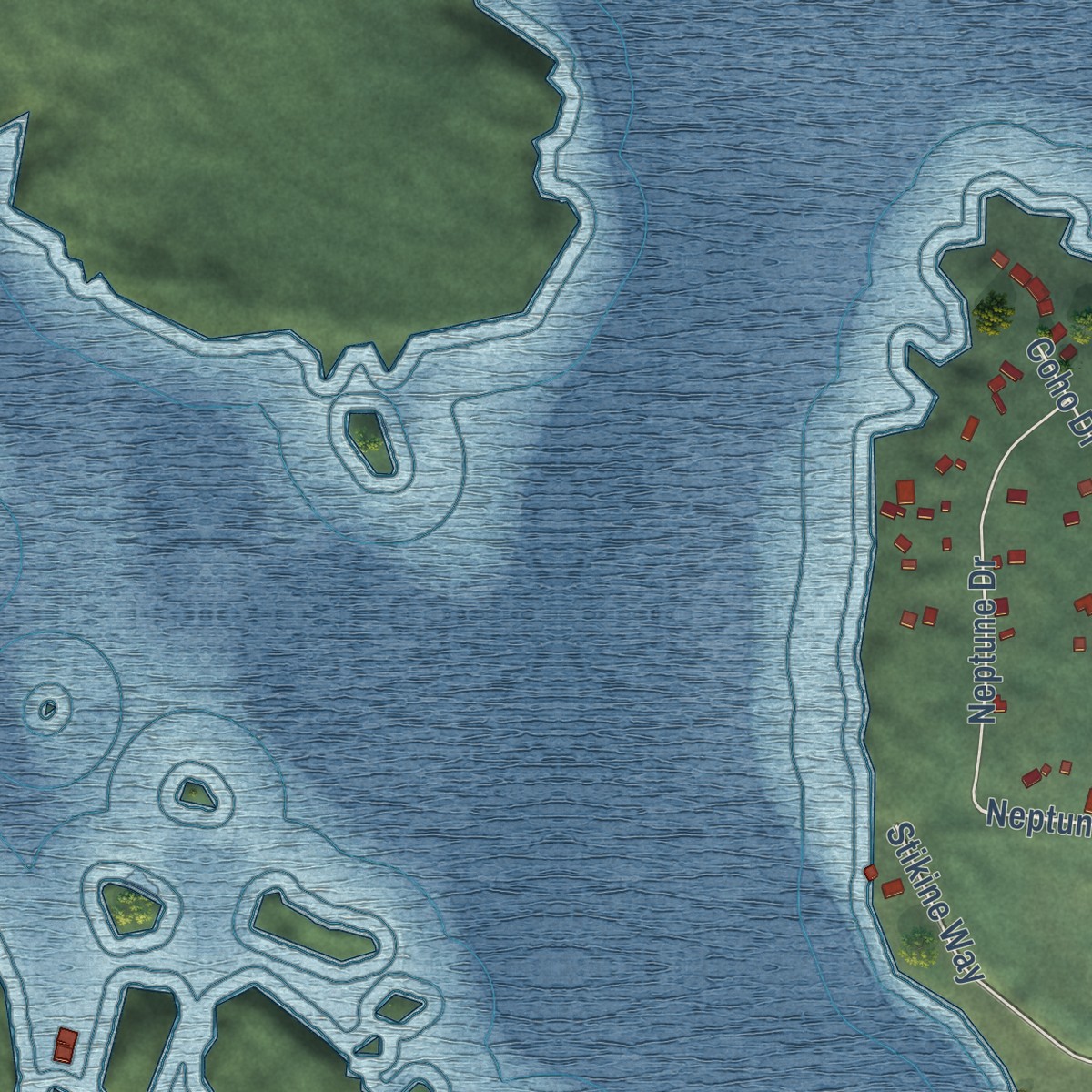 Second close-up of the map of Coffman Cove, Alaska print showing more streets and buildings