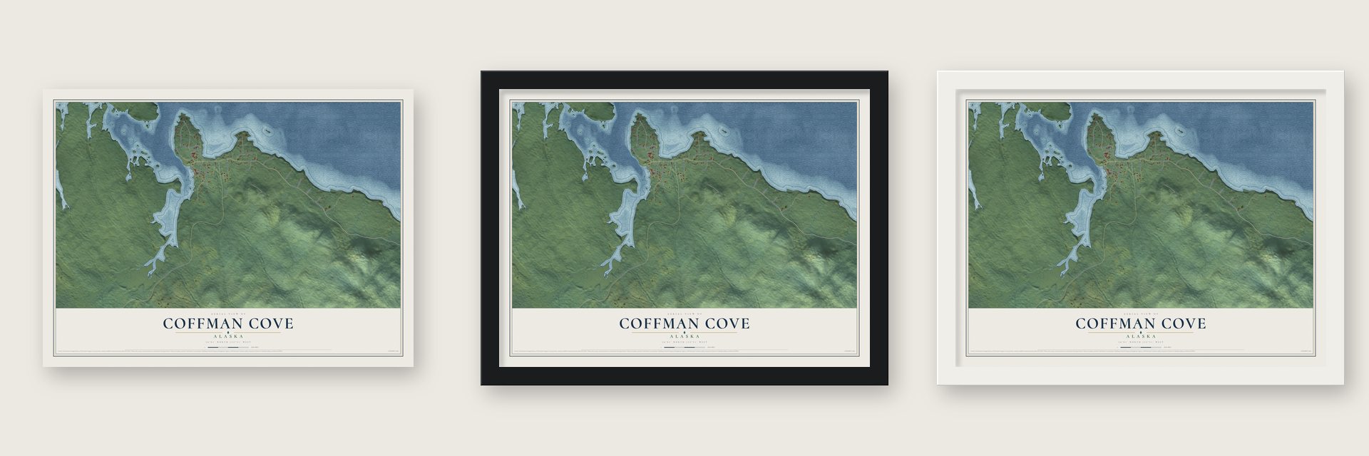 Coffman Cove, Alaska map unframed, in a black wood frame and in a white wood frame