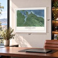 Coffman Cove, Alaska map, 18 x 24 inch print in a white frame in a home office