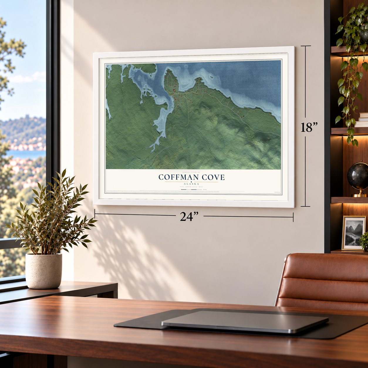 Coffman Cove, Alaska map, 18 x 24 inch print in a white frame in a home office