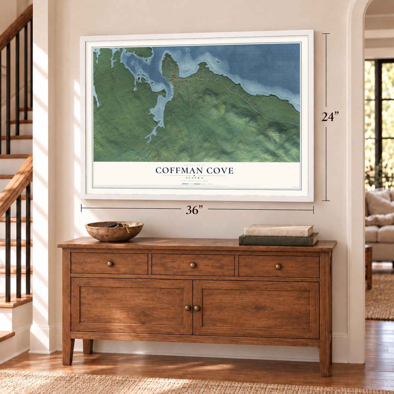 Coffman Cove, Alaska map, 24 x 36 inch print in a white frame above a dresser by a staircase