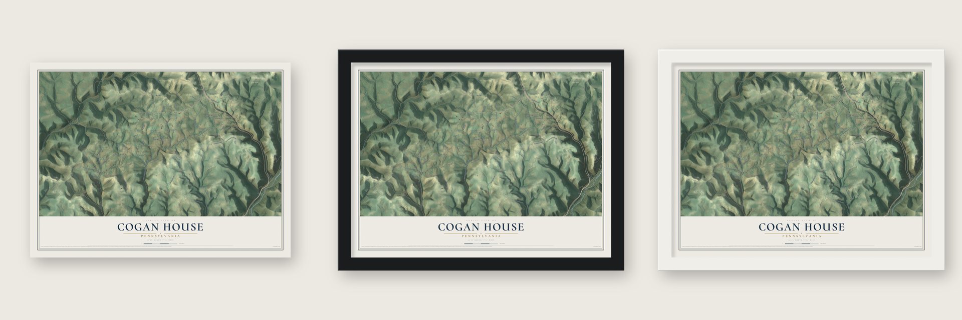 Cogan House, Pennsylvania map unframed, in a black wood frame and in a white wood frame