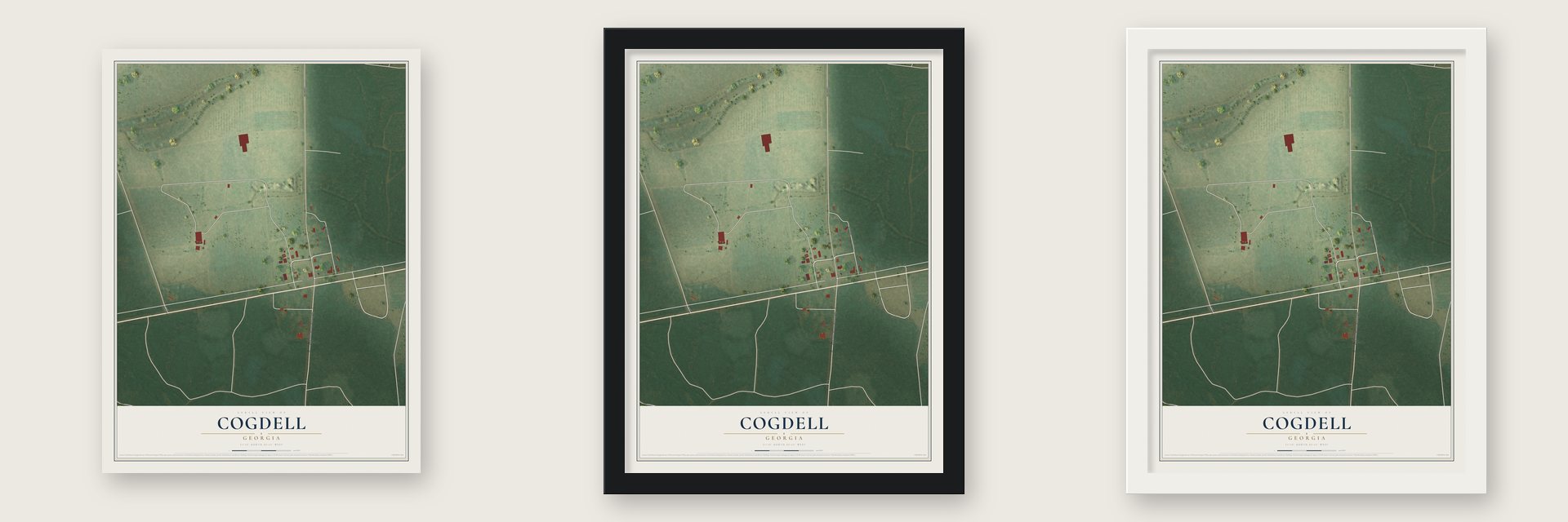 Cogdell, Georgia map unframed, in a black wood frame and in a white wood frame