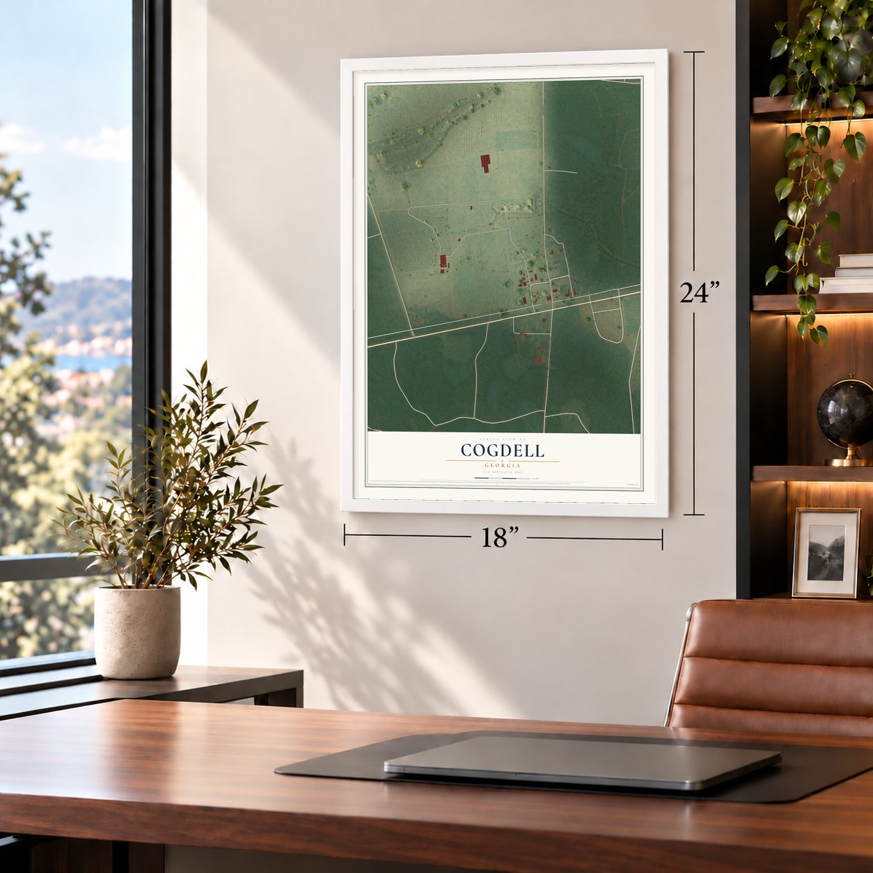 Cogdell, Georgia map, 18 x 24 inch print in a white frame in a home office