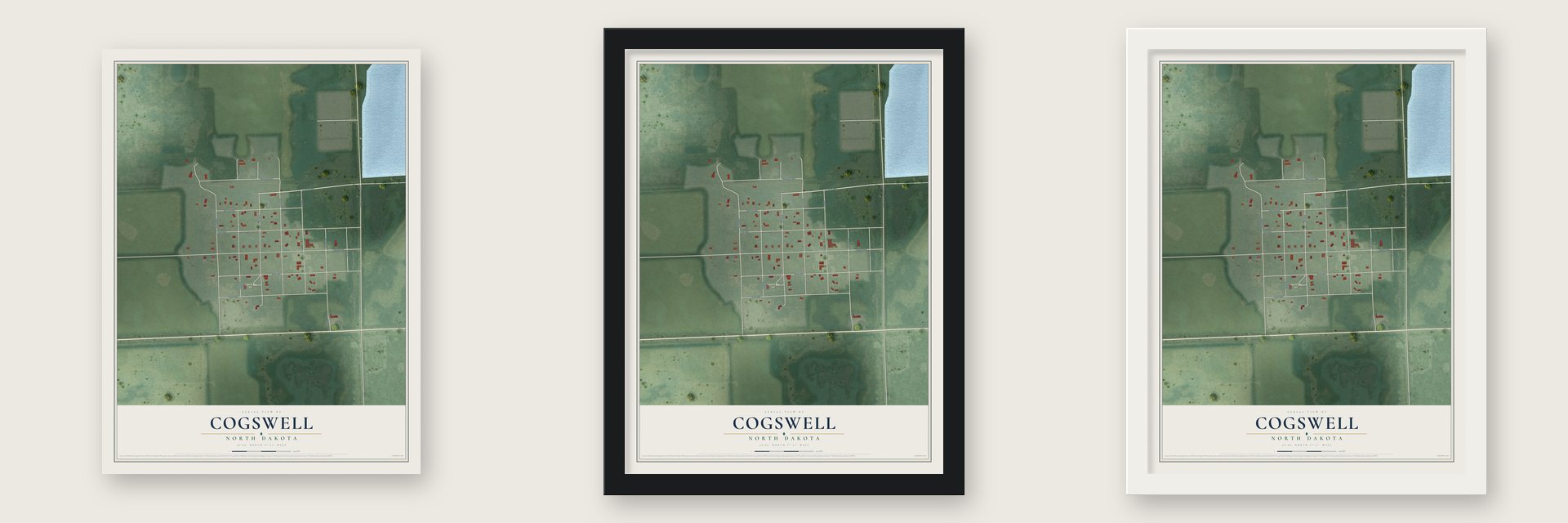 Cogswell, North Dakota map unframed, in a black wood frame and in a white wood frame