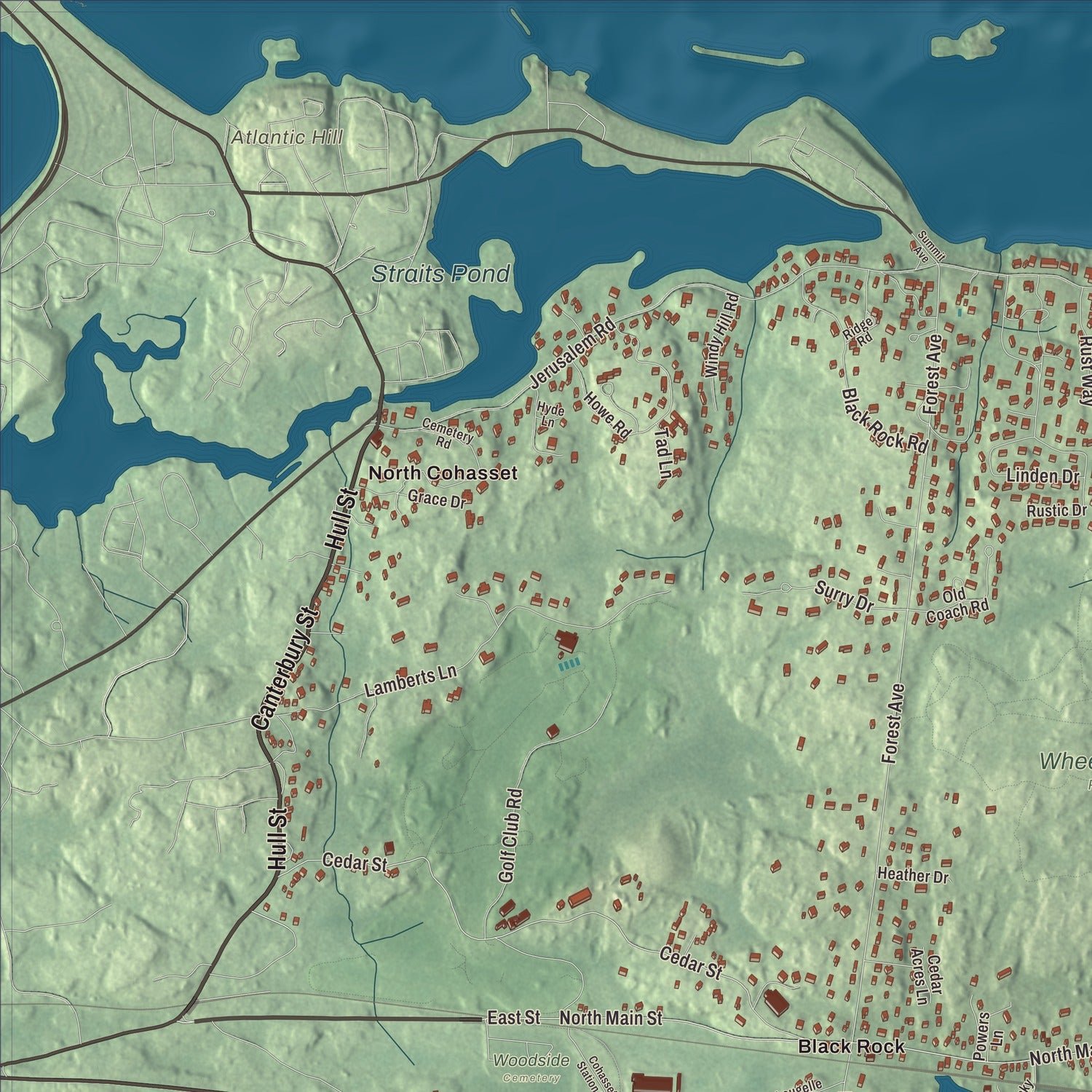 Close-up of the map of Cohasset, Massachusetts print showing terrain and local geography
