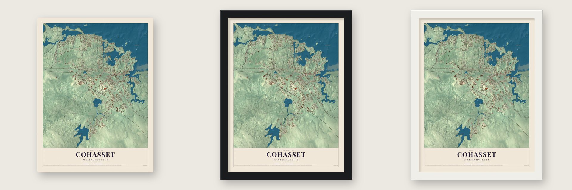 Cohasset, Massachusetts map unframed, in a black wood frame and in a white wood frame