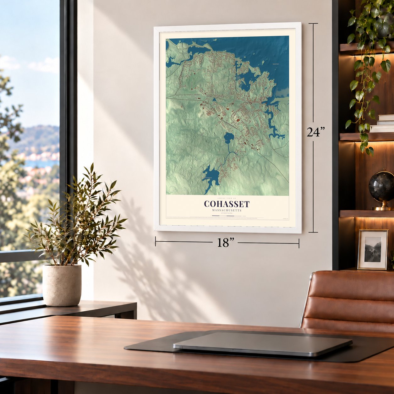 Cohasset, Massachusetts map, 18 x 24 inch print in a white frame in a home office