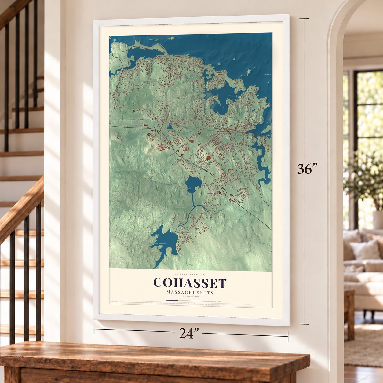 Cohasset, Massachusetts map, 24 x 36 inch print in a white frame by a staircase