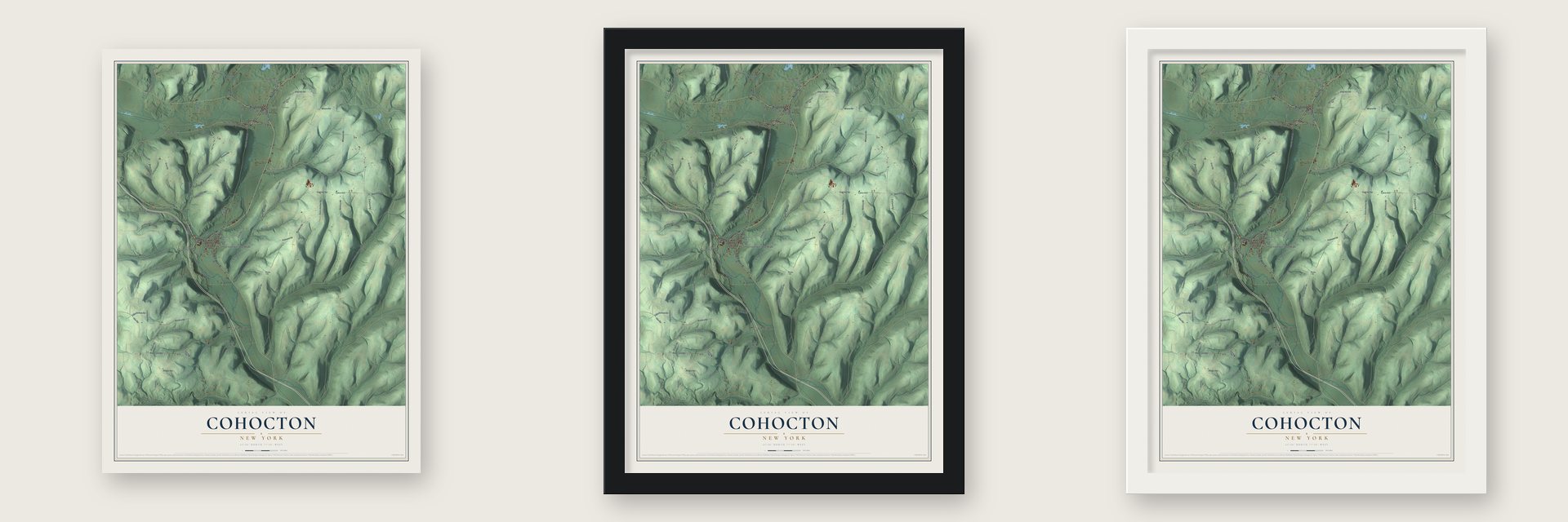 Cohocton, New York map unframed, in a black wood frame and in a white wood frame