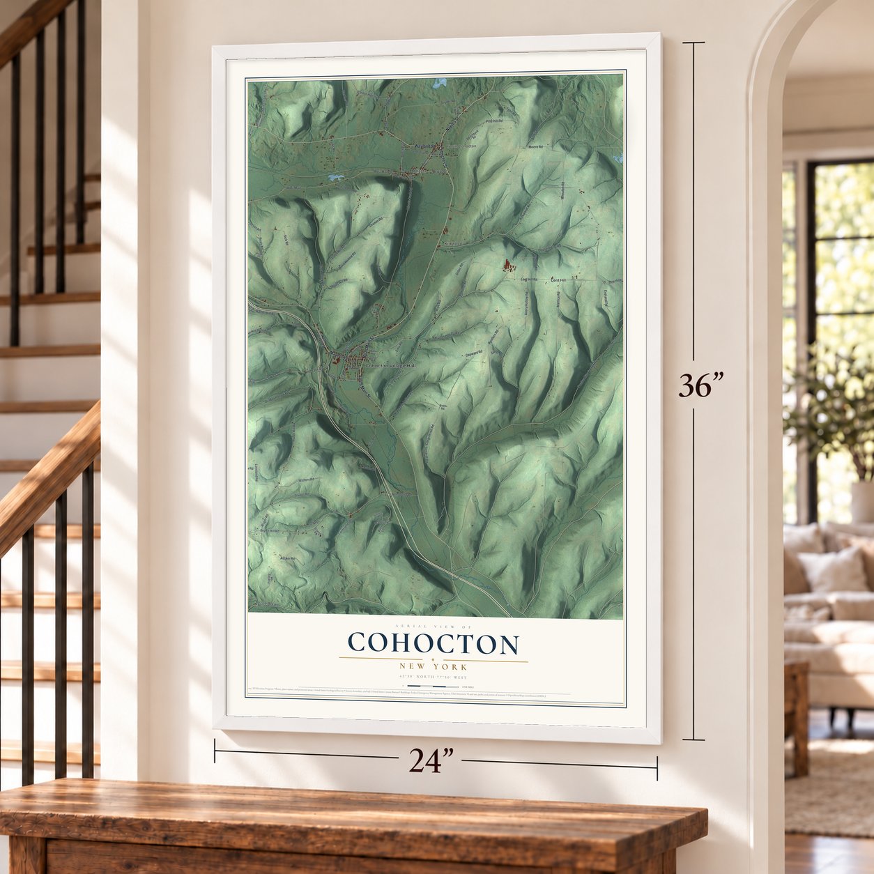 Cohocton, New York map, 24 x 36 inch print in a white frame by a staircase