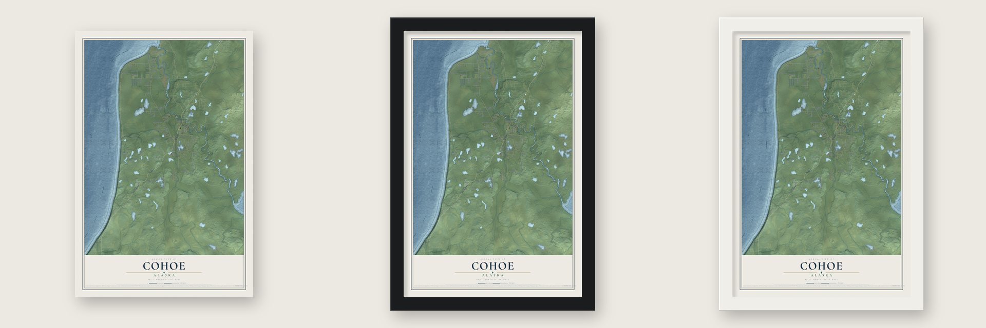 Cohoe, Alaska map unframed, in a black wood frame and in a white wood frame