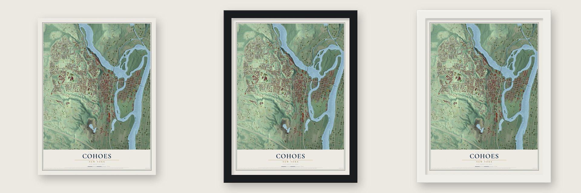 Cohoes, New York map unframed, in a black wood frame and in a white wood frame