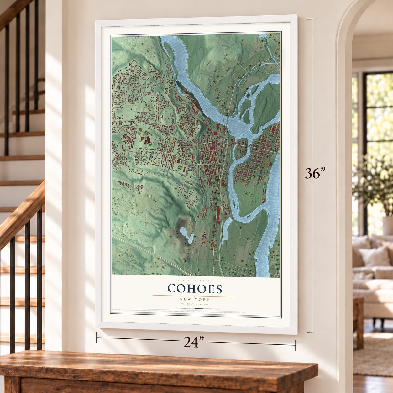 Cohoes, New York map, 24 x 36 inch print in a white frame by a staircase