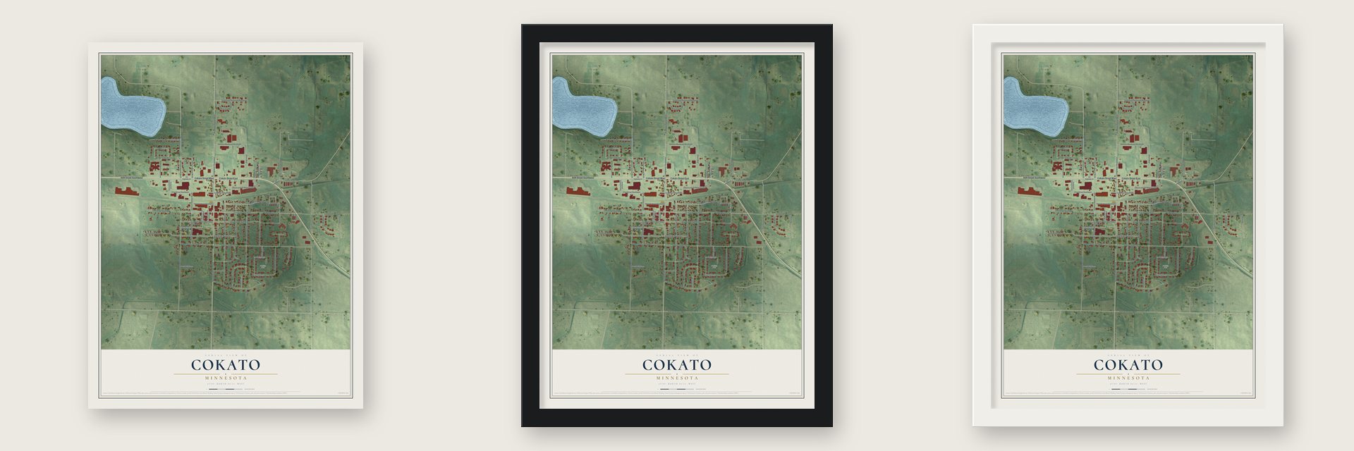 Cokato, Minnesota map unframed, in a black wood frame and in a white wood frame