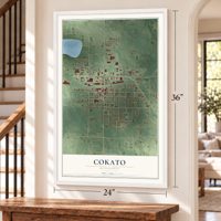 Cokato, Minnesota map, 24 x 36 inch print in a white frame by a staircase