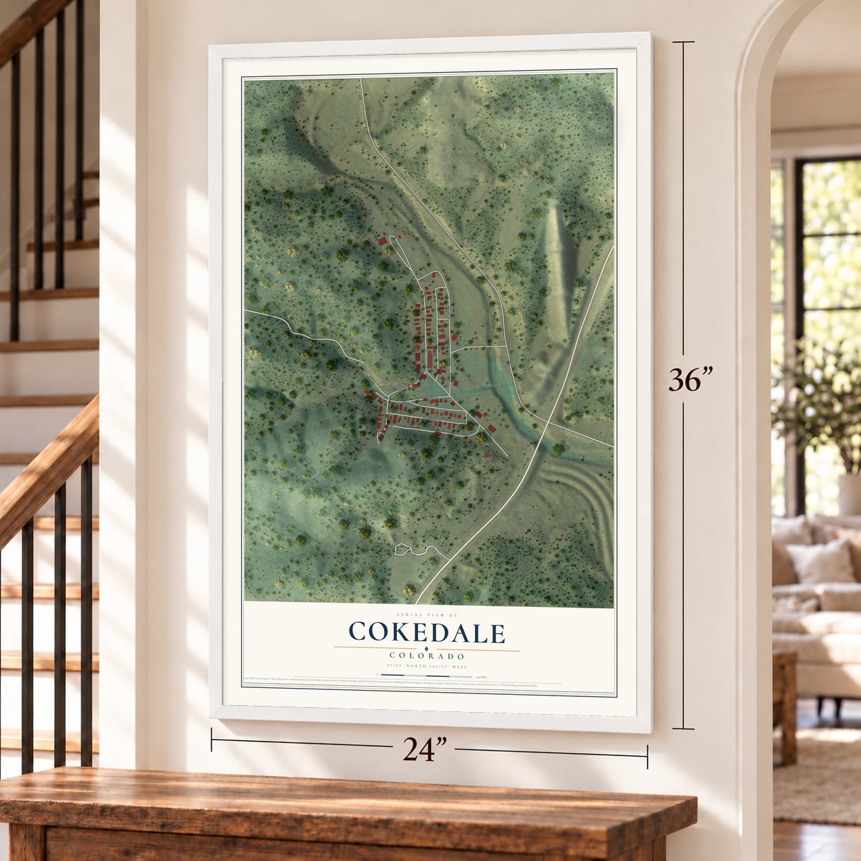 Cokedale, Colorado map, 24 x 36 inch print in a white frame by a staircase