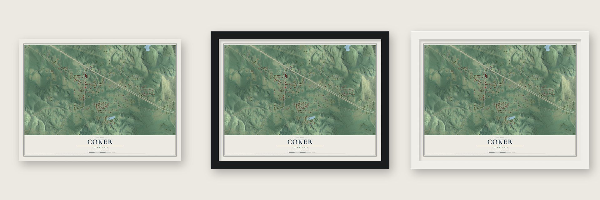 Coker, Alabama map unframed, in a black wood frame and in a white wood frame