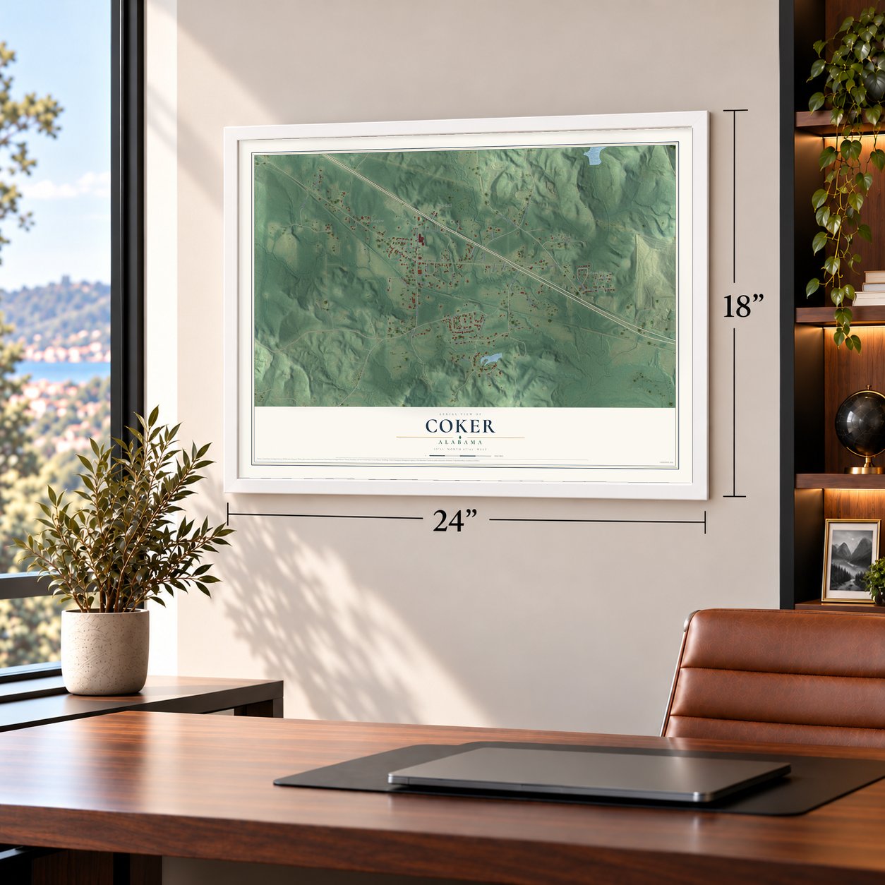 Coker, Alabama map, 18 x 24 inch print in a white frame in a home office