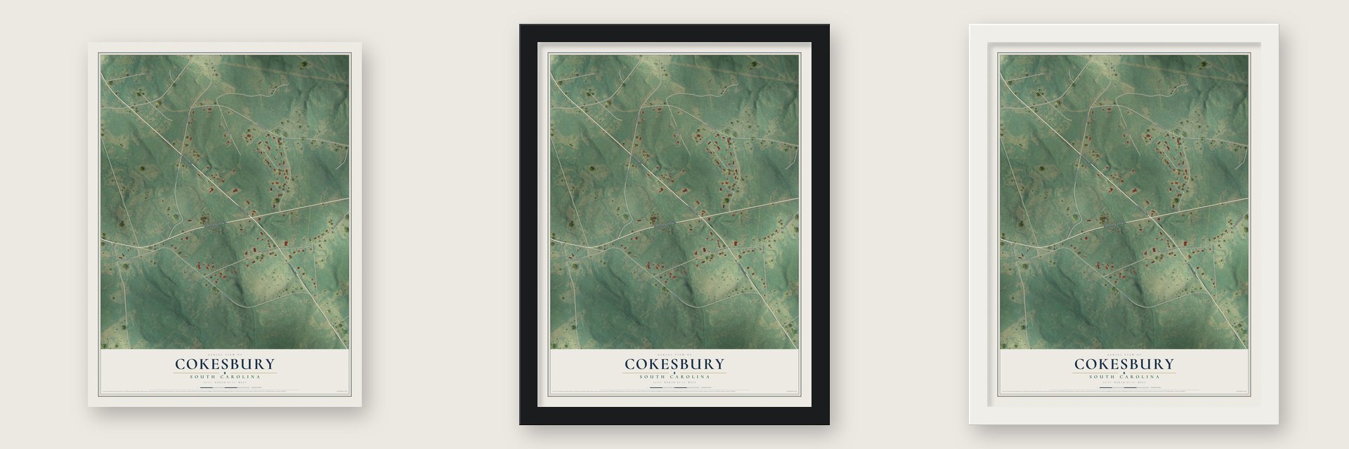 Cokesbury, South Carolina map unframed, in a black wood frame and in a white wood frame