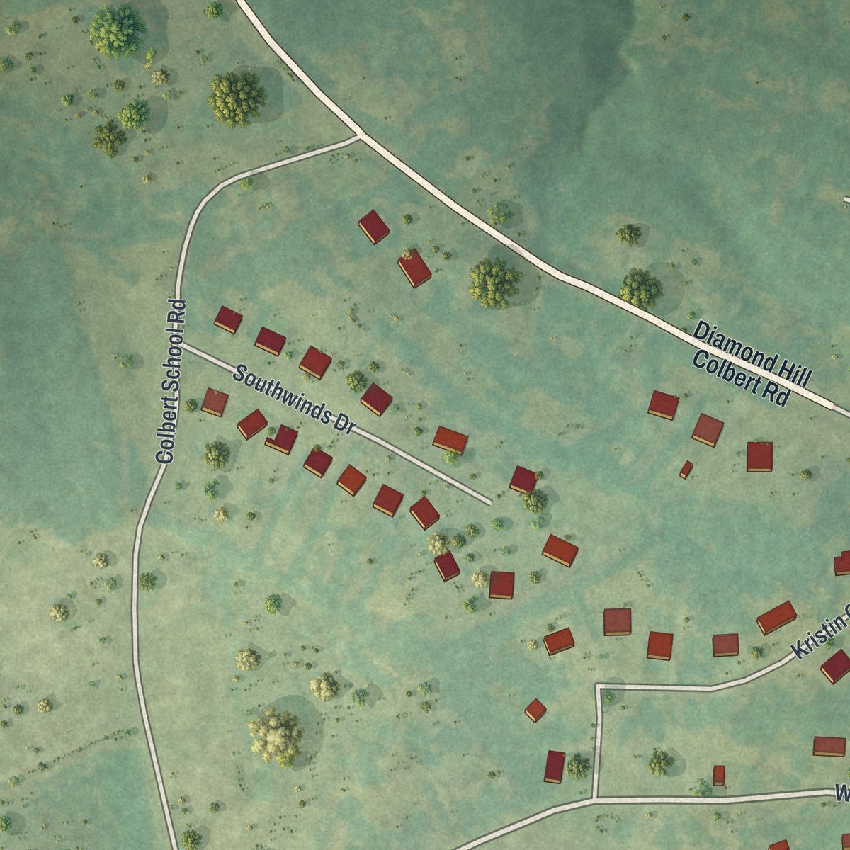Second close-up of the map of Colbert, Georgia print showing more streets and buildings