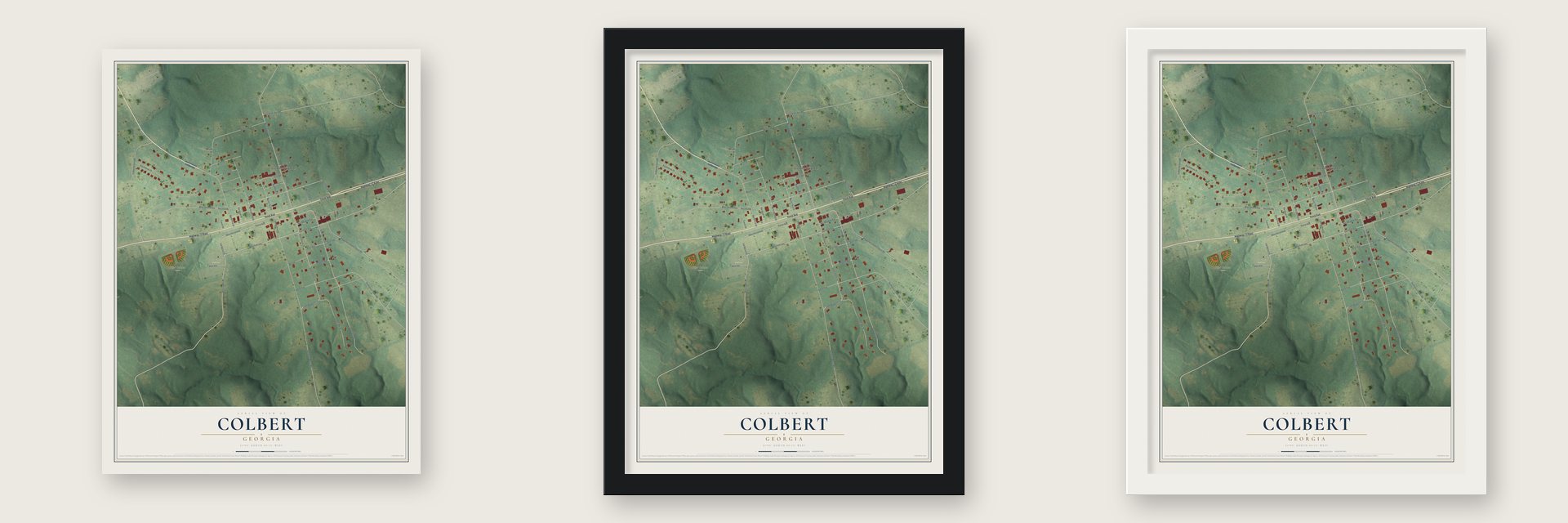 Colbert, Georgia map unframed, in a black wood frame and in a white wood frame