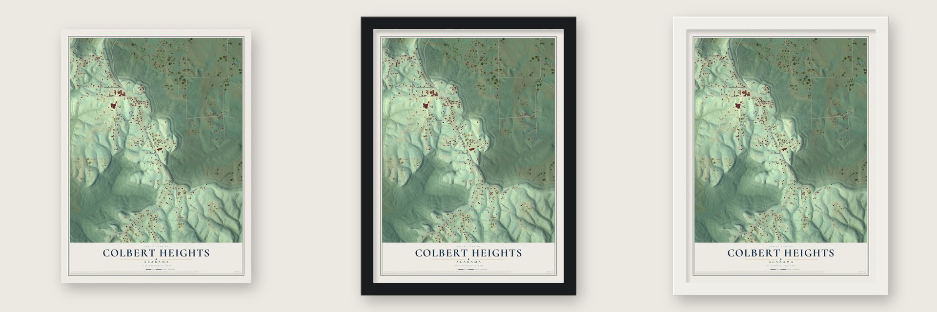 Colbert Heights, Alabama map unframed, in a black wood frame and in a white wood frame