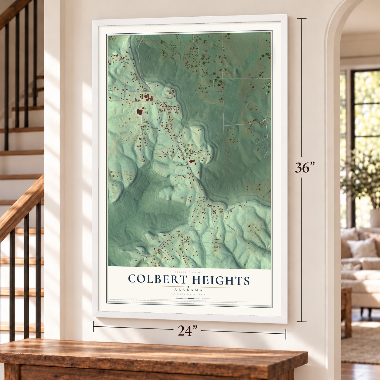 Colbert Heights, Alabama map, 24 x 36 inch print in a white frame by a staircase