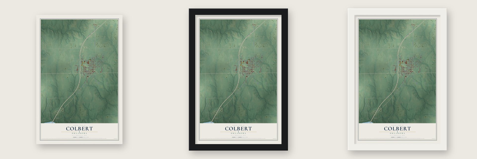 Colbert, Oklahoma map unframed, in a black wood frame and in a white wood frame