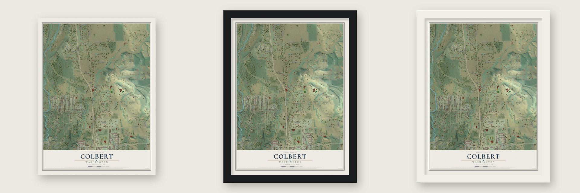 Colbert, Washington map unframed, in a black wood frame and in a white wood frame