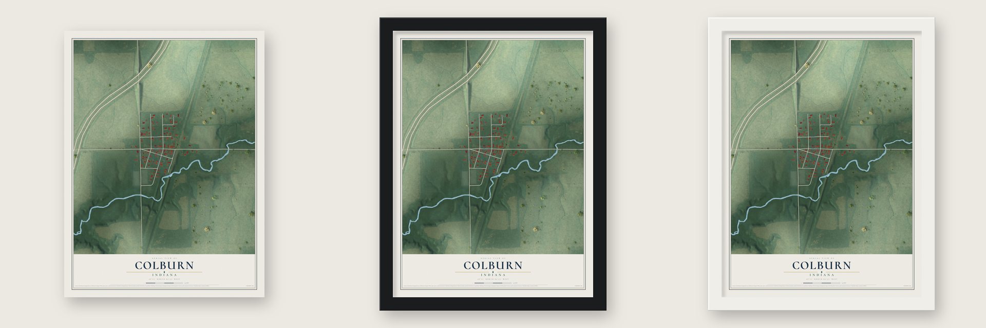 Colburn, Indiana map unframed, in a black wood frame and in a white wood frame