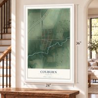 Colburn, Indiana map, 24 x 36 inch print in a white frame by a staircase