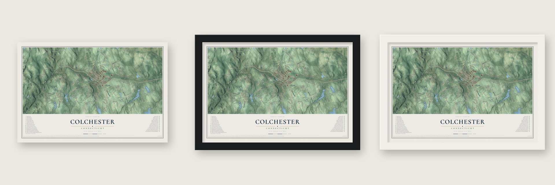 Colchester, Connecticut map unframed, in a black wood frame and in a white wood frame