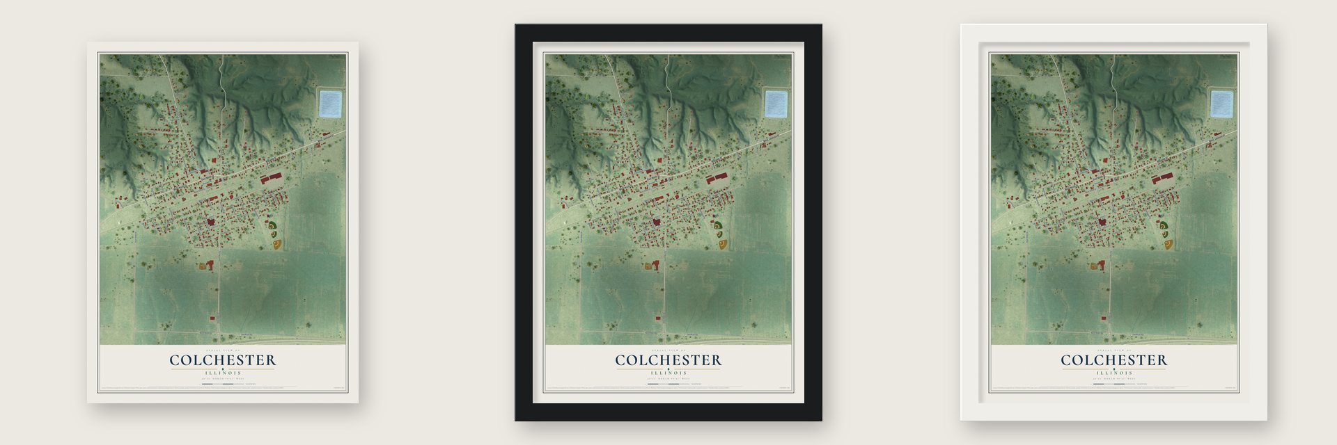 Colchester, Illinois map unframed, in a black wood frame and in a white wood frame