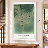 Colchester, Illinois map, 24 x 36 inch print in a white frame by a staircase