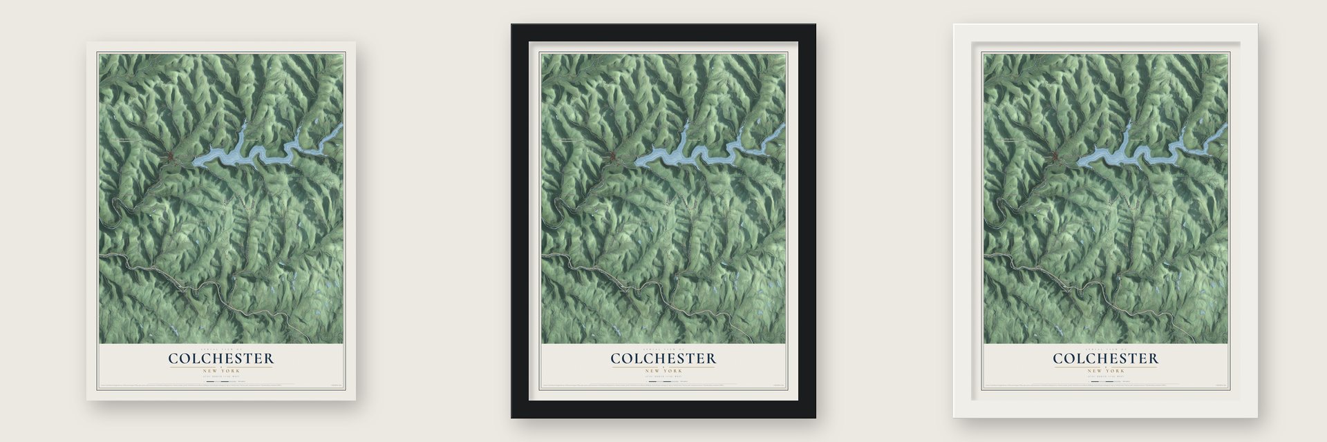 Colchester, New York map unframed, in a black wood frame and in a white wood frame