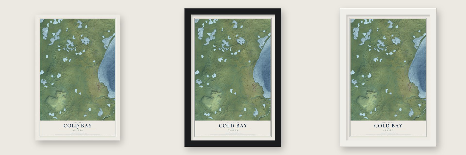 Cold Bay, Alaska map unframed, in a black wood frame and in a white wood frame