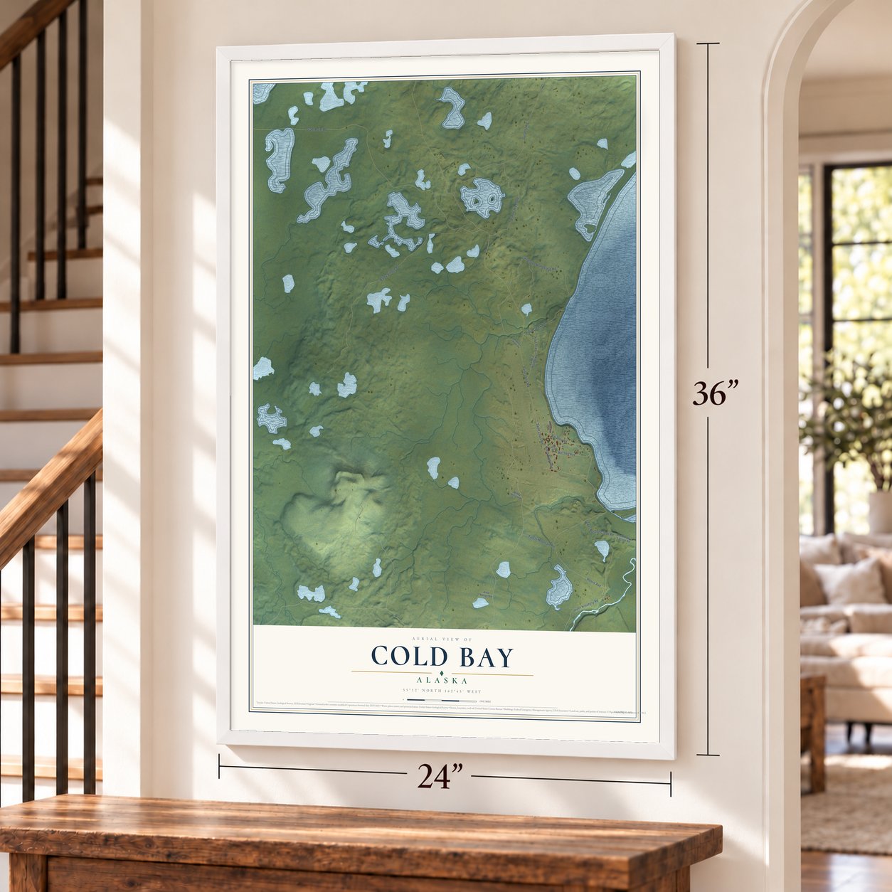 Cold Bay, Alaska map, 24 x 36 inch print in a white frame by a staircase