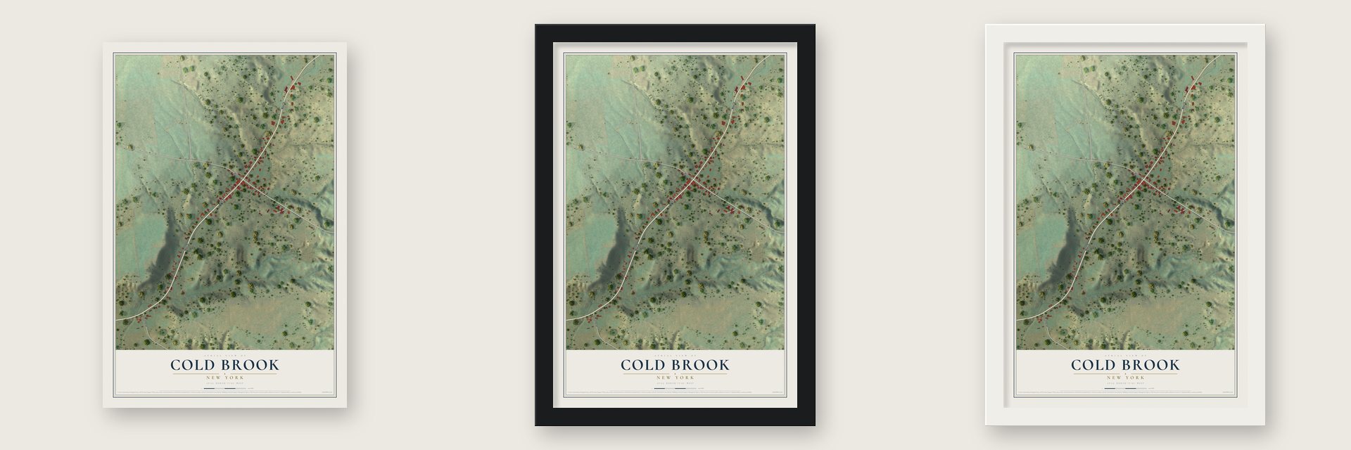 Cold Brook, New York map unframed, in a black wood frame and in a white wood frame