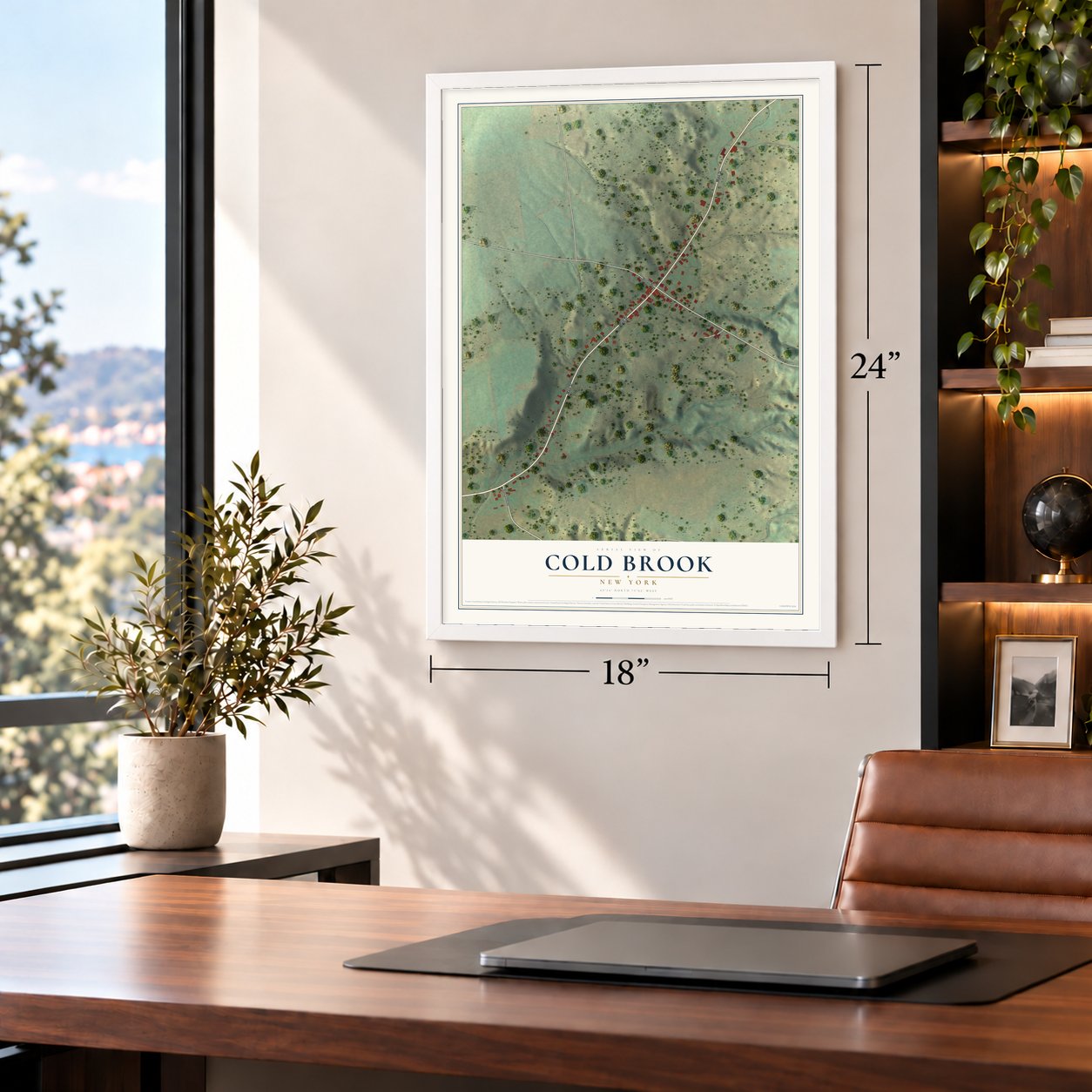 Cold Brook, New York map, 18 x 24 inch print in a white frame in a home office