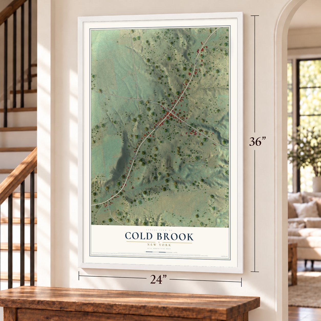 Cold Brook, New York map, 24 x 36 inch print in a white frame by a staircase