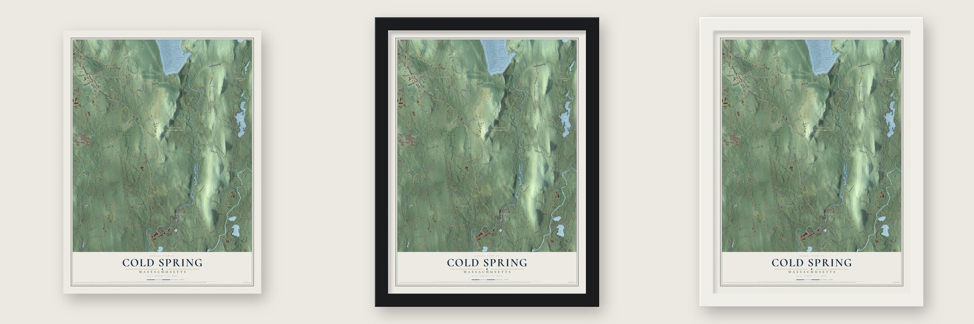 Cold Spring, Massachusetts map unframed, in a black wood frame and in a white wood frame