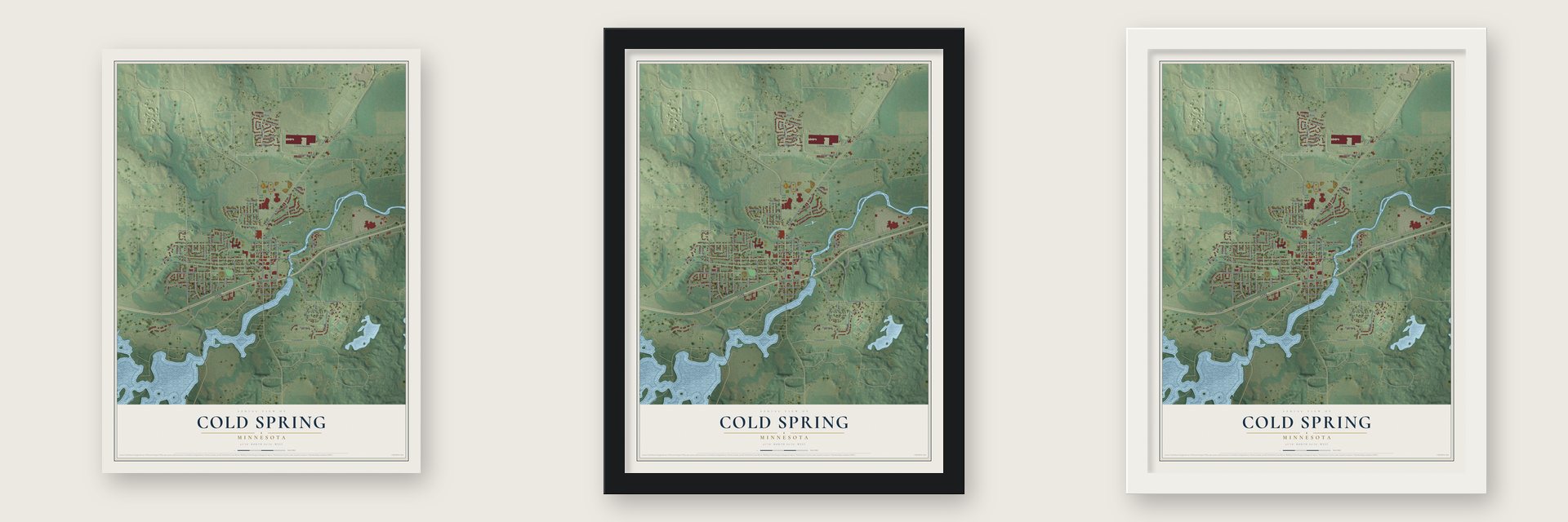 Cold Spring, Minnesota map unframed, in a black wood frame and in a white wood frame