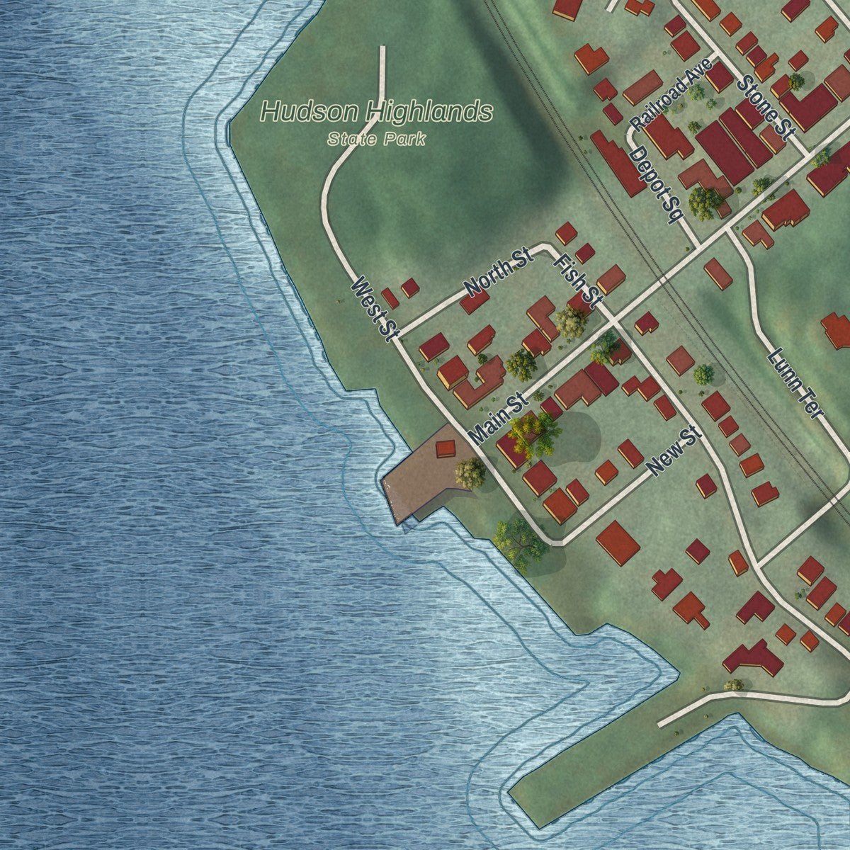 Second close-up of the map of Cold Spring, New York print showing more streets and buildings