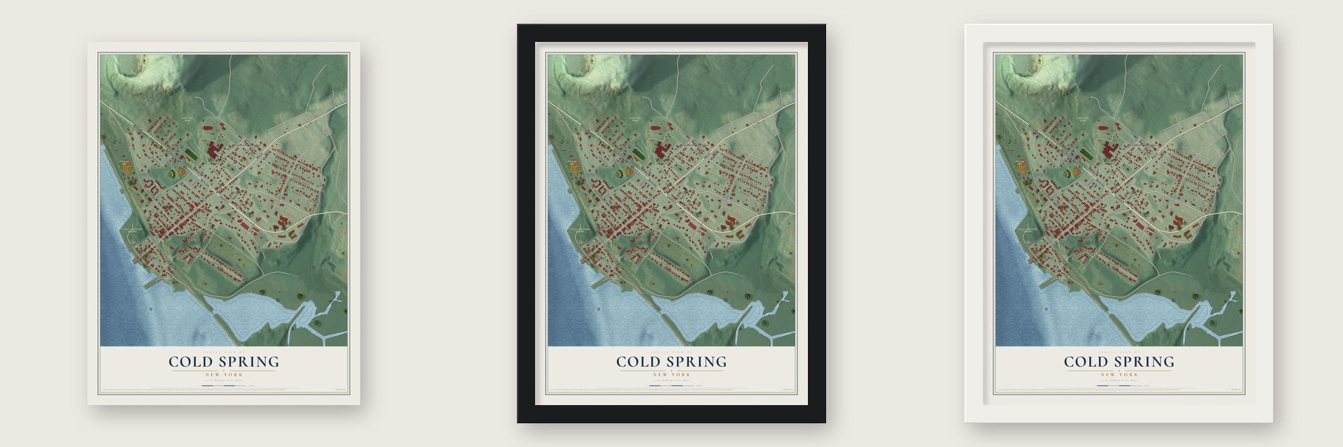 Cold Spring, New York map unframed, in a black wood frame and in a white wood frame