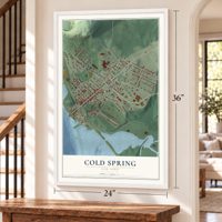 Cold Spring, New York map, 24 x 36 inch print in a white frame by a staircase