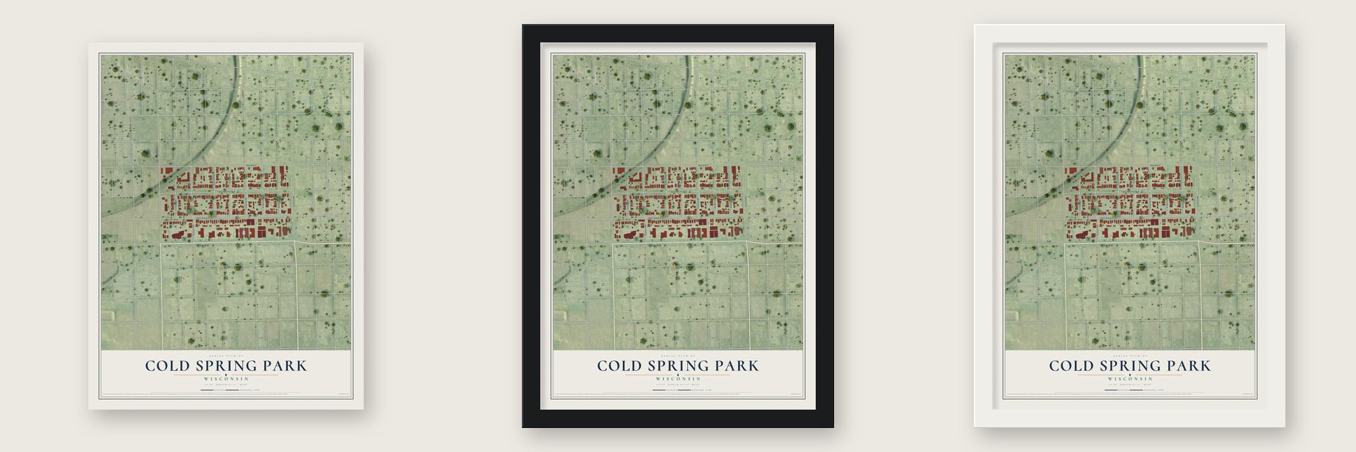Cold Spring Park, Wisconsin map unframed, in a black wood frame and in a white wood frame